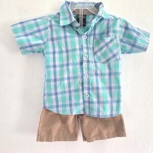 2-Piece Plaid Button Down Shirt and Shorts Set Teal Tan Size 3T